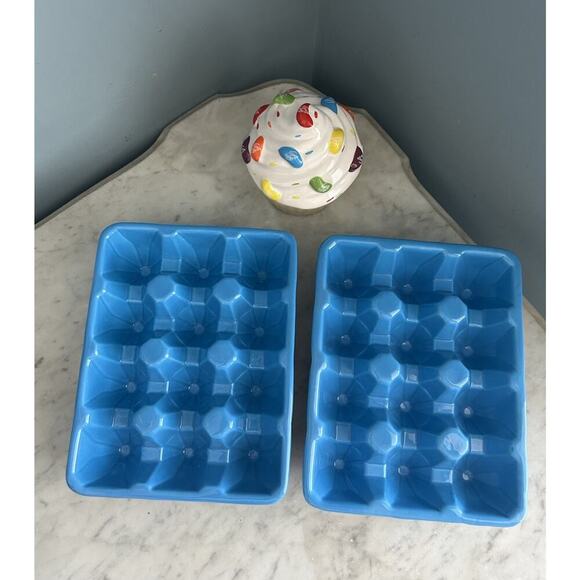 2 Ceramic Blue Egg Crates for Easter Eggs Refrigerator Jelly Belly Cupcake Dish - Picture 5 of 11